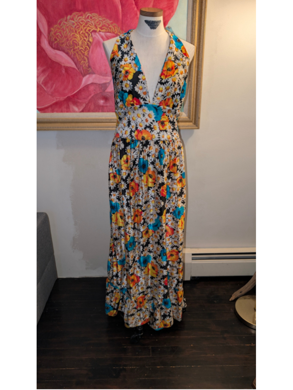 Vintage 60s or 70s halter style flower power maxi dress